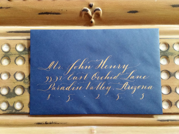 gold and blue envelope - Bella Grafia calligraphy
